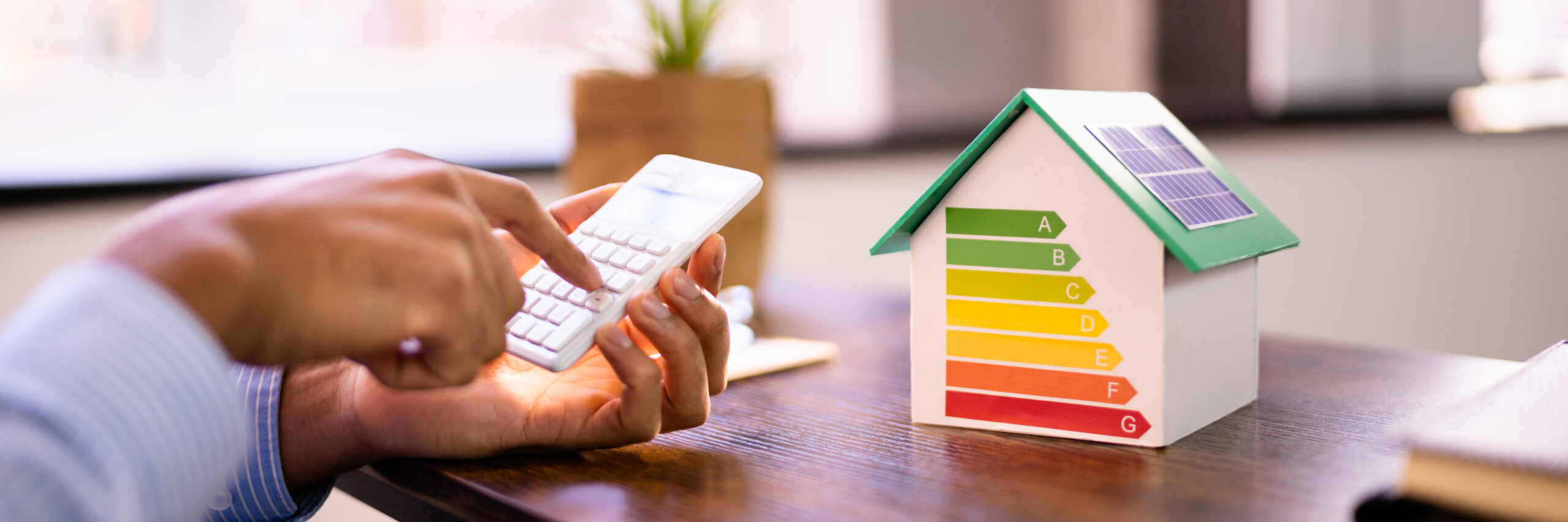 Image of person, using calculator with model of home, solar panels, and energy use iconography