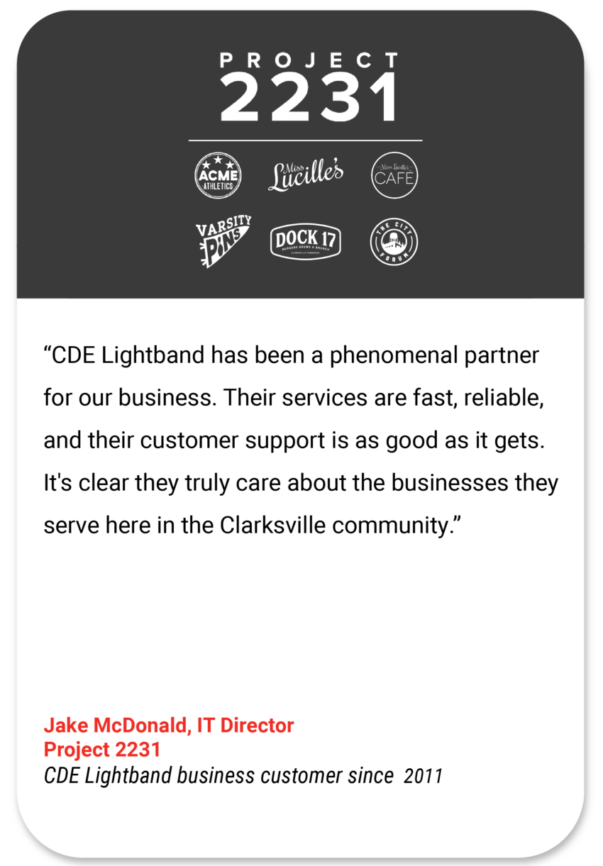 Project 2231: I highly recommend CDE Broadband Internet as it is very reliable, symmetric speeds, with top of the notch service when we need it. Their customer service is always helpful and responsive with a positive attitude. Jake McDonald IT Director Project 2231 CDE Lightband business customer since 2011